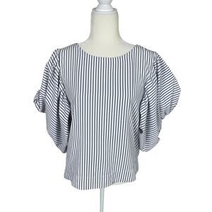 Maeve Cotton Blend Striped Puff Short Sleeve Top Black White M Effortlessly Chic